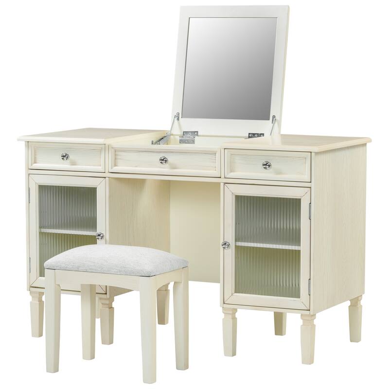 2-in-1 Makeup Vanity Writing Desk with Hidden Fold-Down Mirror & Cabinet, Computer Workstation Dressing Table Set with Stool