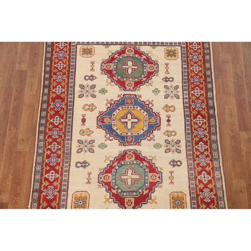 Beige Geometric Kazak Area Rug Hand-Knotted Wool Carpet - 4'2" x 5'9"