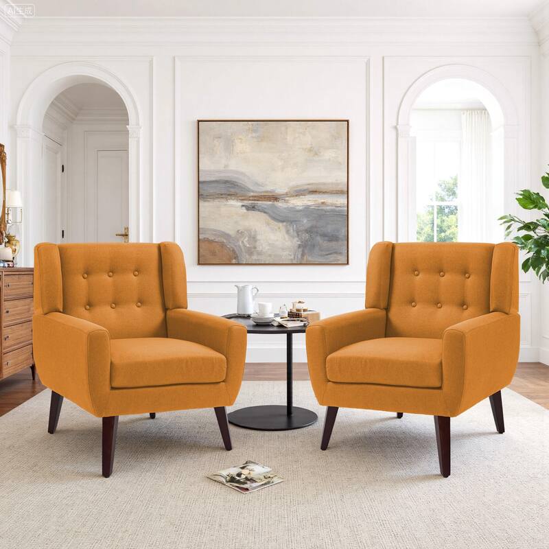 2 Set Modern Tufted Linen Upholstered Accent Chair Faux Leather Armchair