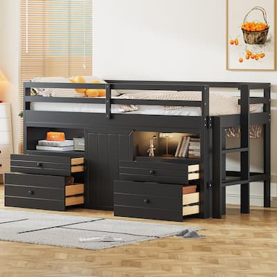 Espresso Twin Size Solid Wood Loft Bed with 4 Drawers, Underneath Cabinet and Shelves