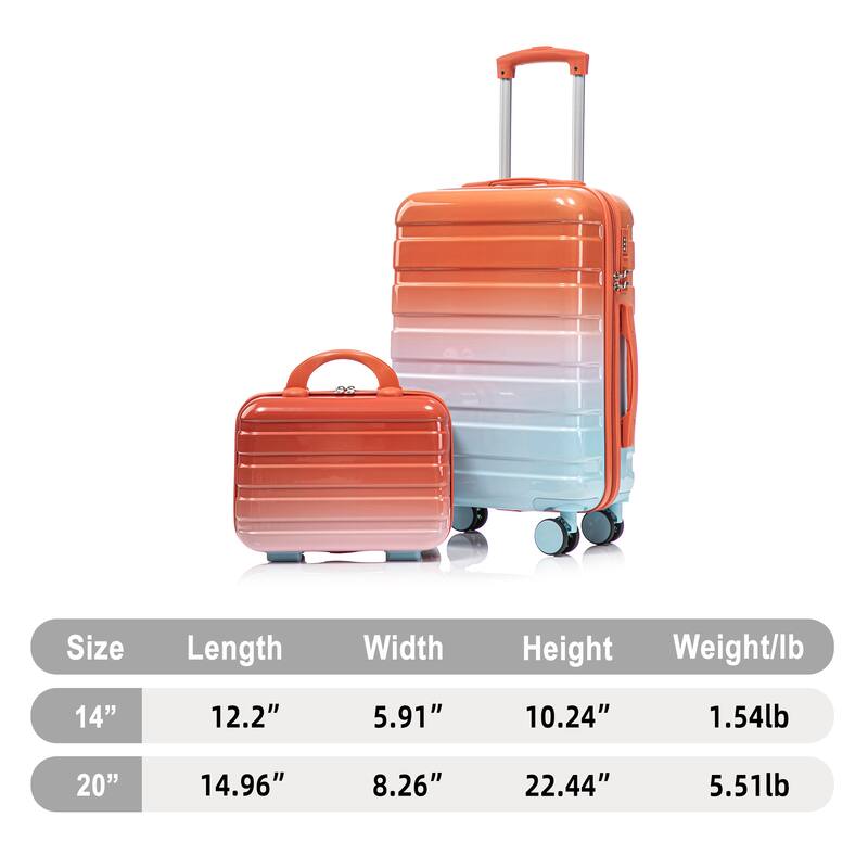 14In 20In 2 pcs in PC Spinner Wheel Luggage, Carry on Suitcase, With Gradient Color and Combination Lock