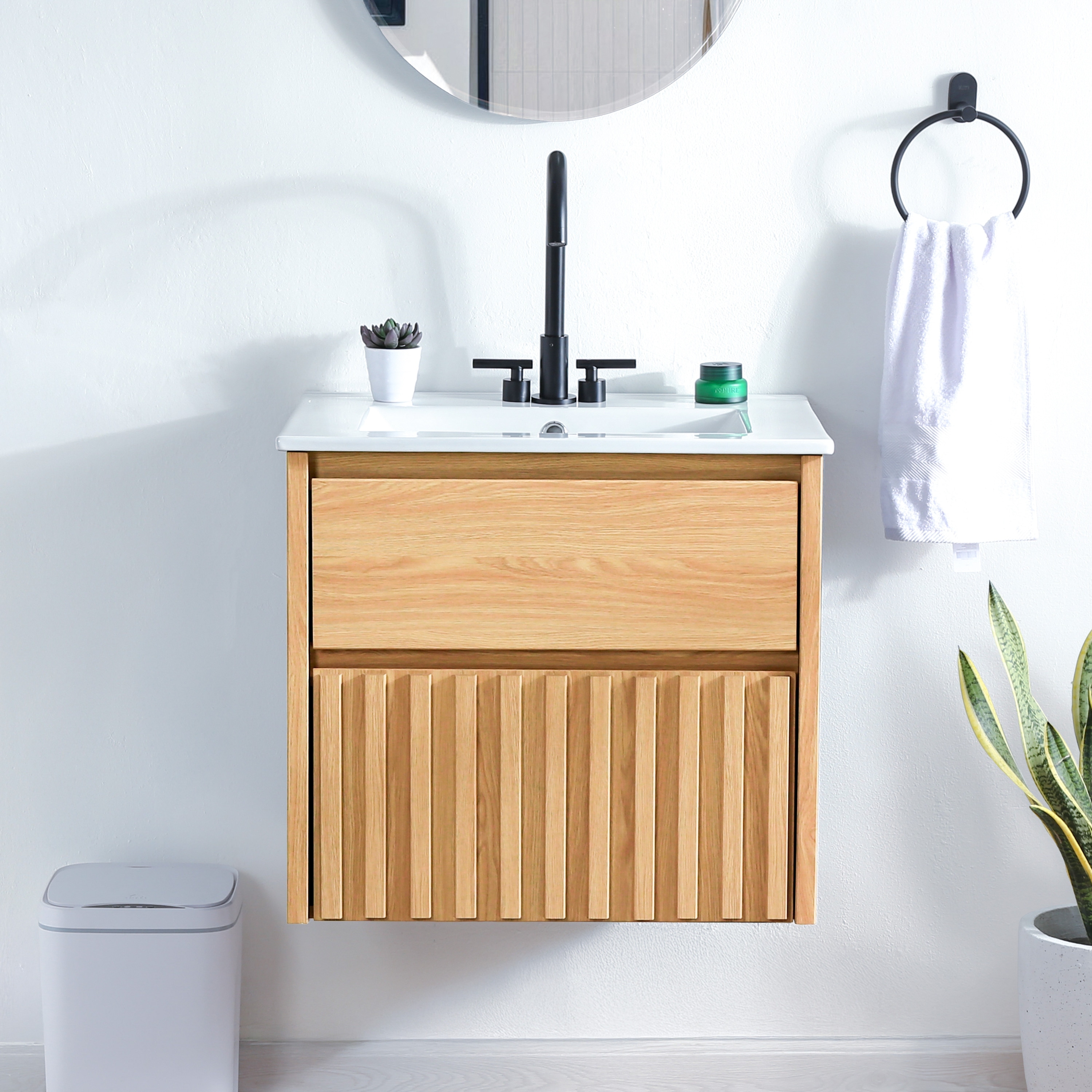 Sherwin Slatted Modern 2-Drawer Wall-Mounted Floating Bathroom Vanity Cabinet Base Only (Sink Basin Not Included)