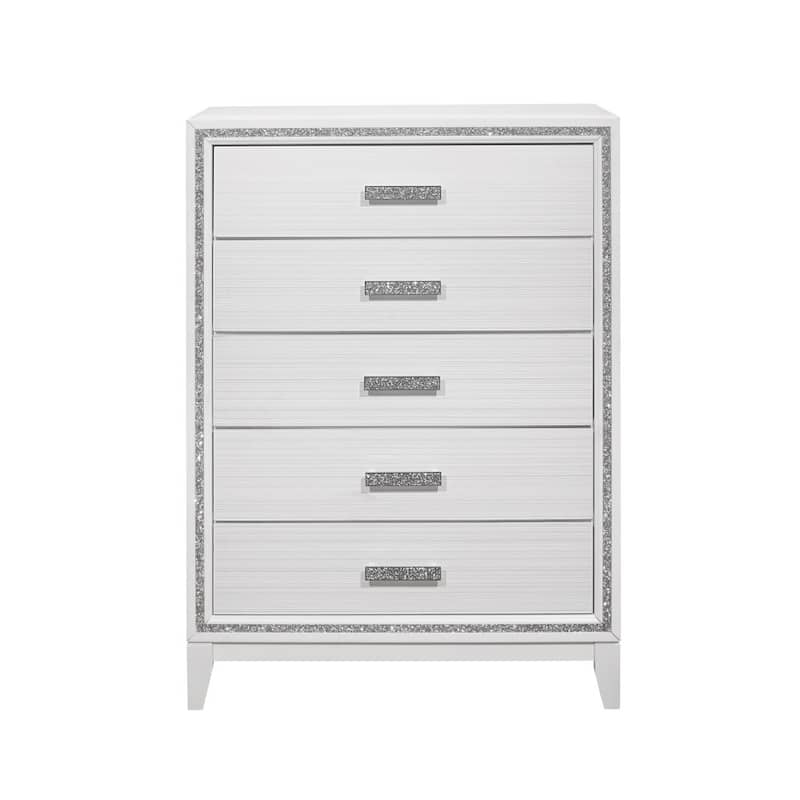 HomeRoots 49" White And Silver And Faux Wood And Crystal Bling Lighted Five Drawer Dresser