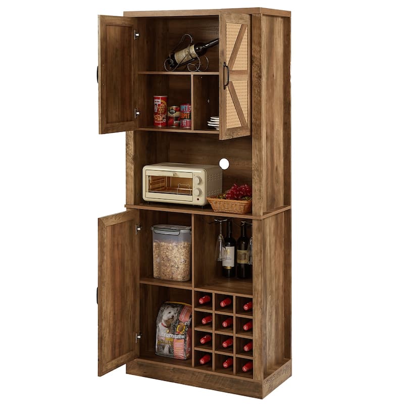 Kitchen Storage Cabinet with Wine Compartments and Microwave Shelves