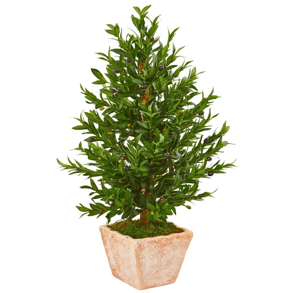Artificial Olive Tree Topiary - 35 Inch Indoor Outdoor Cone Tree in Terra Cotta Pot - Home Decor - Green - 31-40 Inches