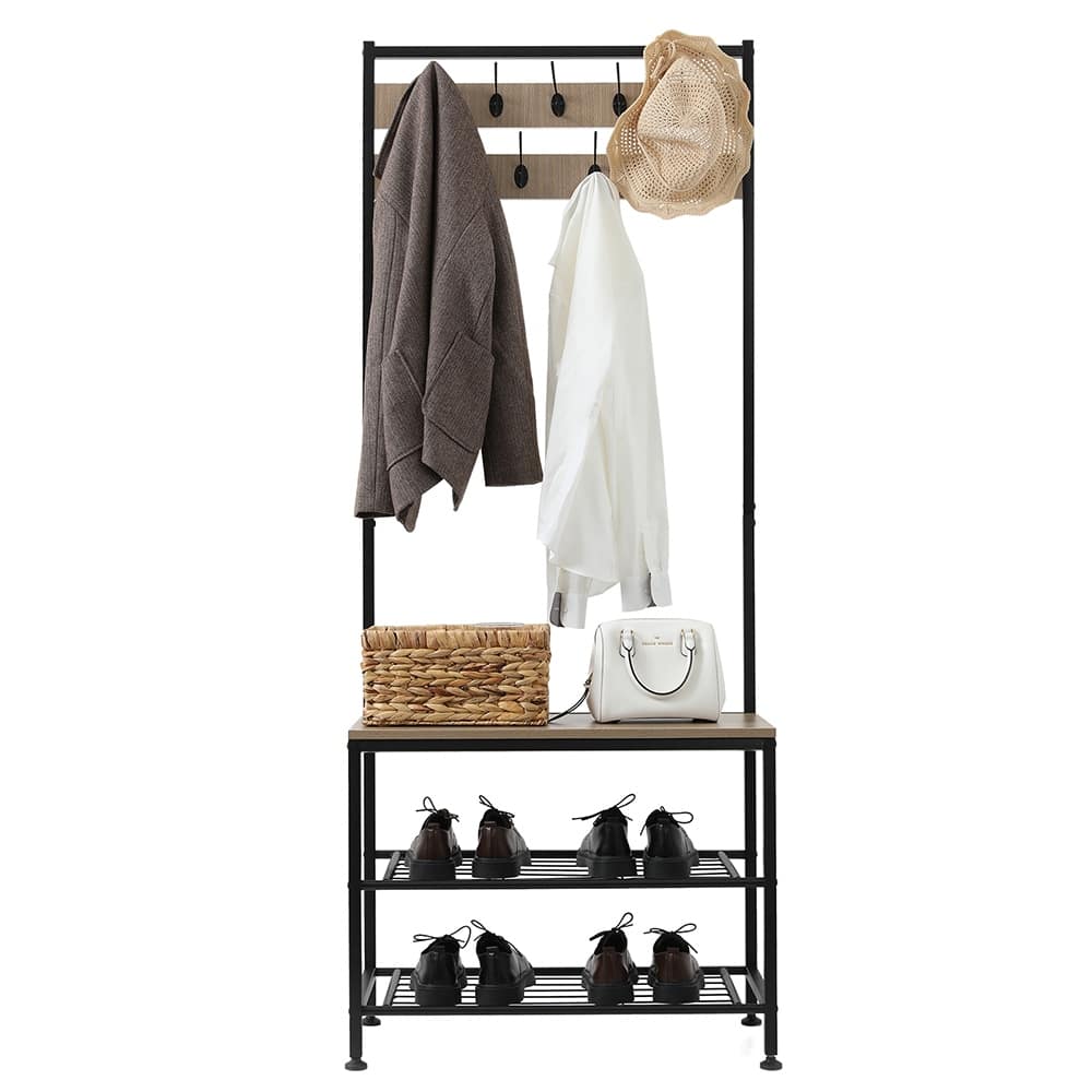 3-in-1 Hall Tree, 3-Tier Storage Shelves with 9 Hooks