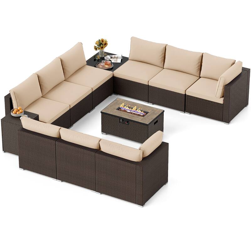 Gymax 12 PCS Outdoor Patio Wicker Sectional Sofa Set w/ 32'' Propane - Beige