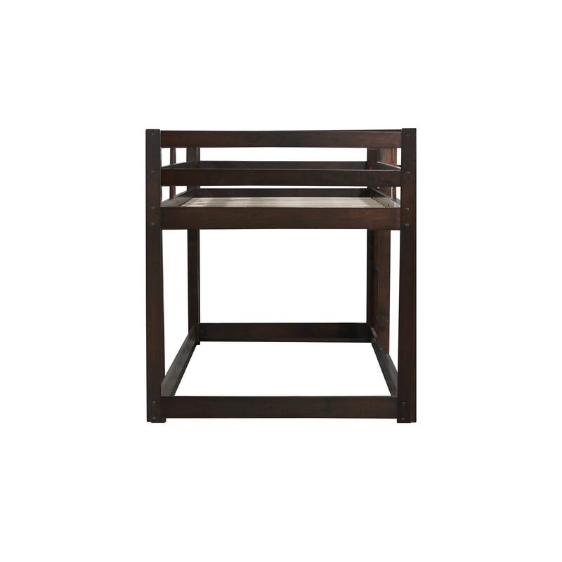 Wooden Twin over Twin Floor Bunk Bed with Ladder, with Bed Platform of Strengthened Slats