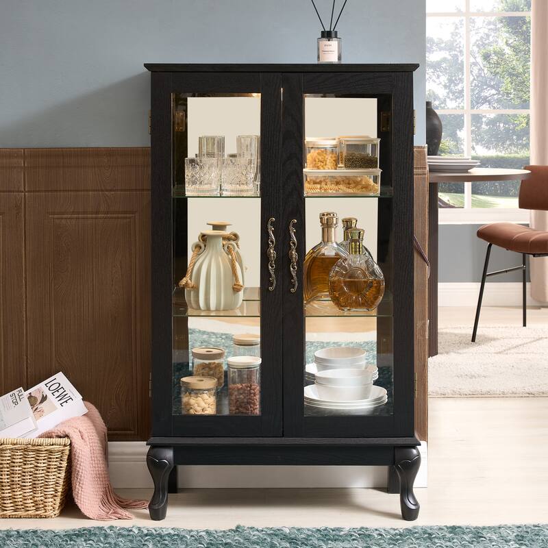 Black Illuminated Curio Cabinet - Tempered Glass Doors With Mirrored Back & Adjustable Shelves For Home Or Office Display‌