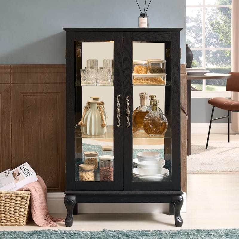 Curio Cabinet with Tempered Glass Doors, Lighted Display Cabinet with Mirrored Back Panel & Adjustable Shelves - Black