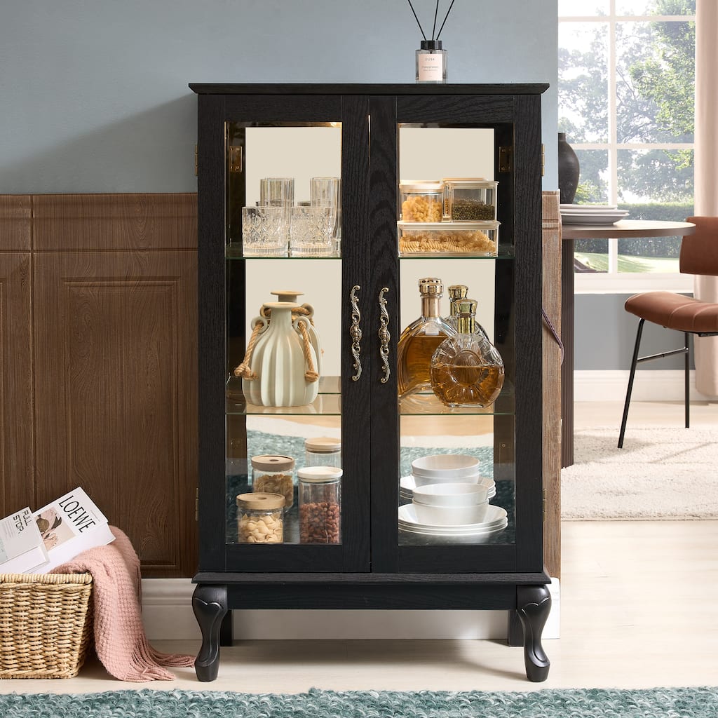 Curio Cabinet with Tempered Glass Doors, Lighted Display Cabinet with Mirrored Back Panel & Adjustable Shelves