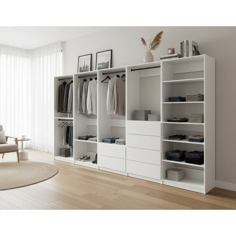 Prosper White Freestanding Walk in Wood Closet System - 157"W x 15.7"D x 83" H