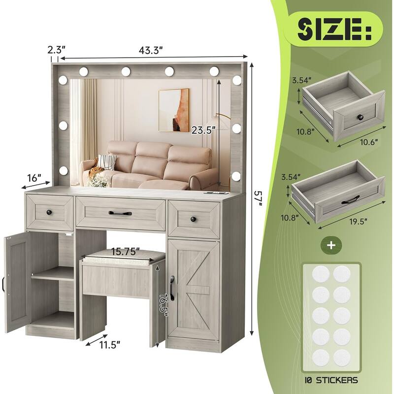 43.3'' Wide Makeup Vanity Dressing With Lighted Mirror and Stool