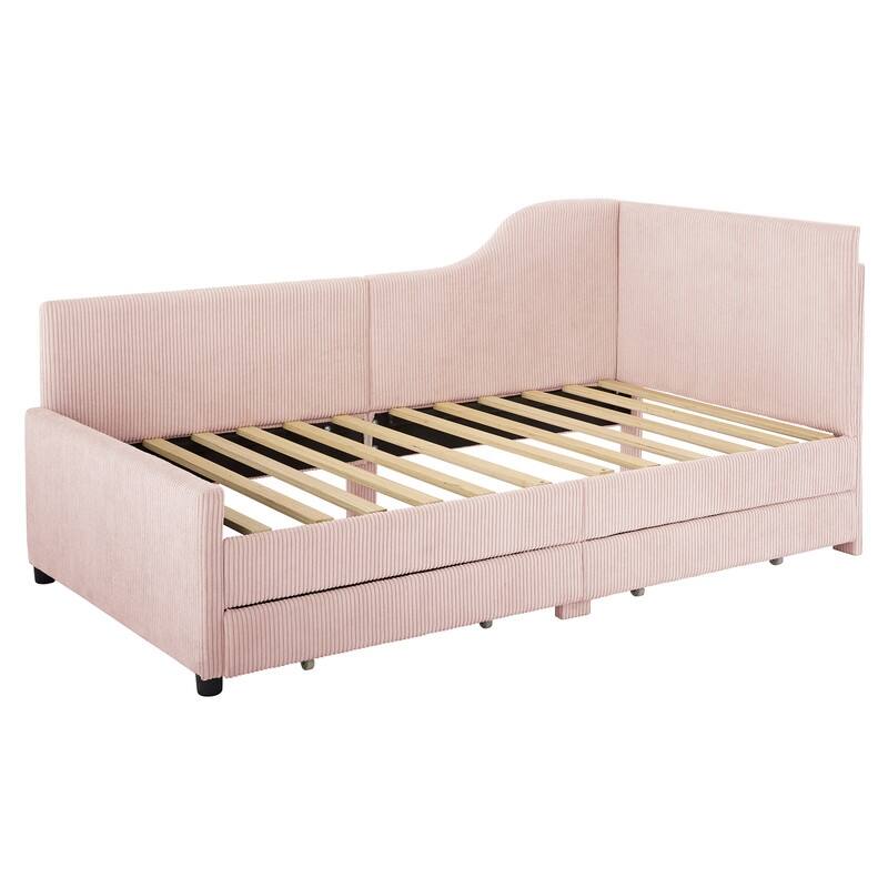 Twin Size Upholstered Daybed with L-Shaped Headboard and 2 Storage Drawers, Corduroy Daybed Frame Sofa Bed with Slats Support