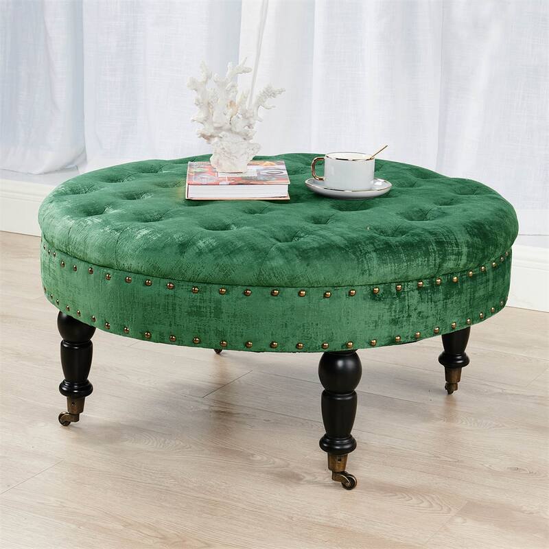 Round Velvet Tufted Coffee Table Ottoman, 34" x 34" x 17" H