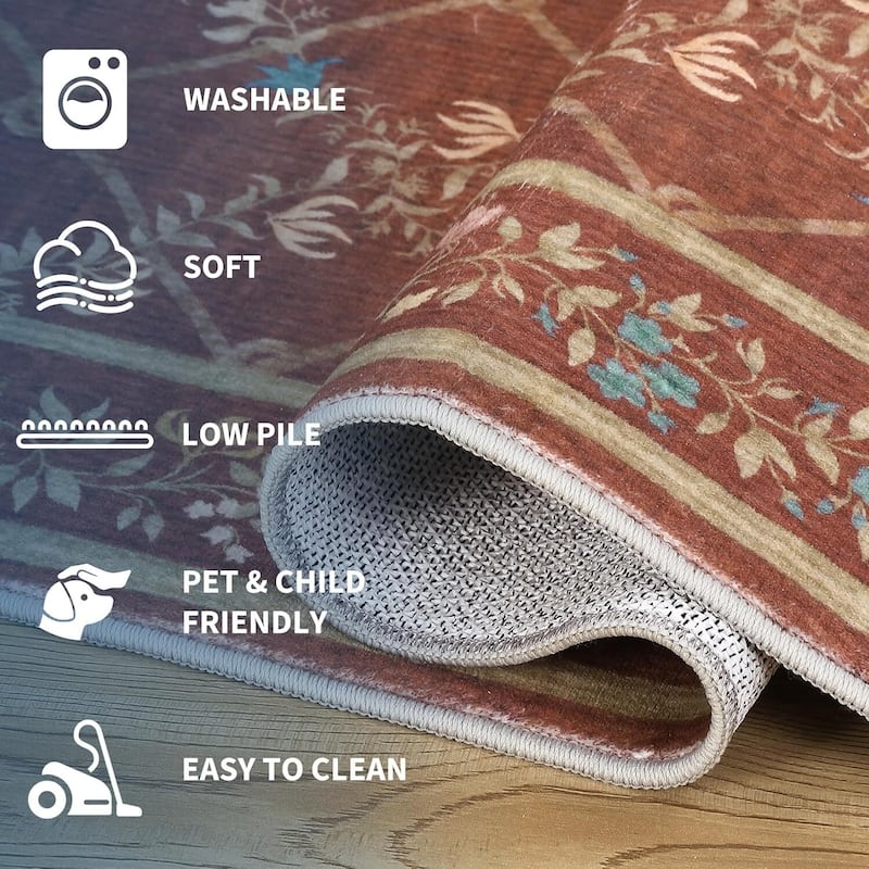 Floral Neutral Washable Hallway Low Pile Area Rug for Bedroom, Living Room, Red - 2' x 3'