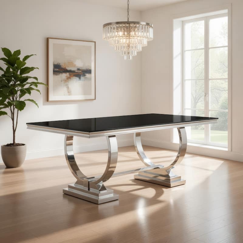 Dining Table with Glass Top and Trestle Base, Black and Chrome