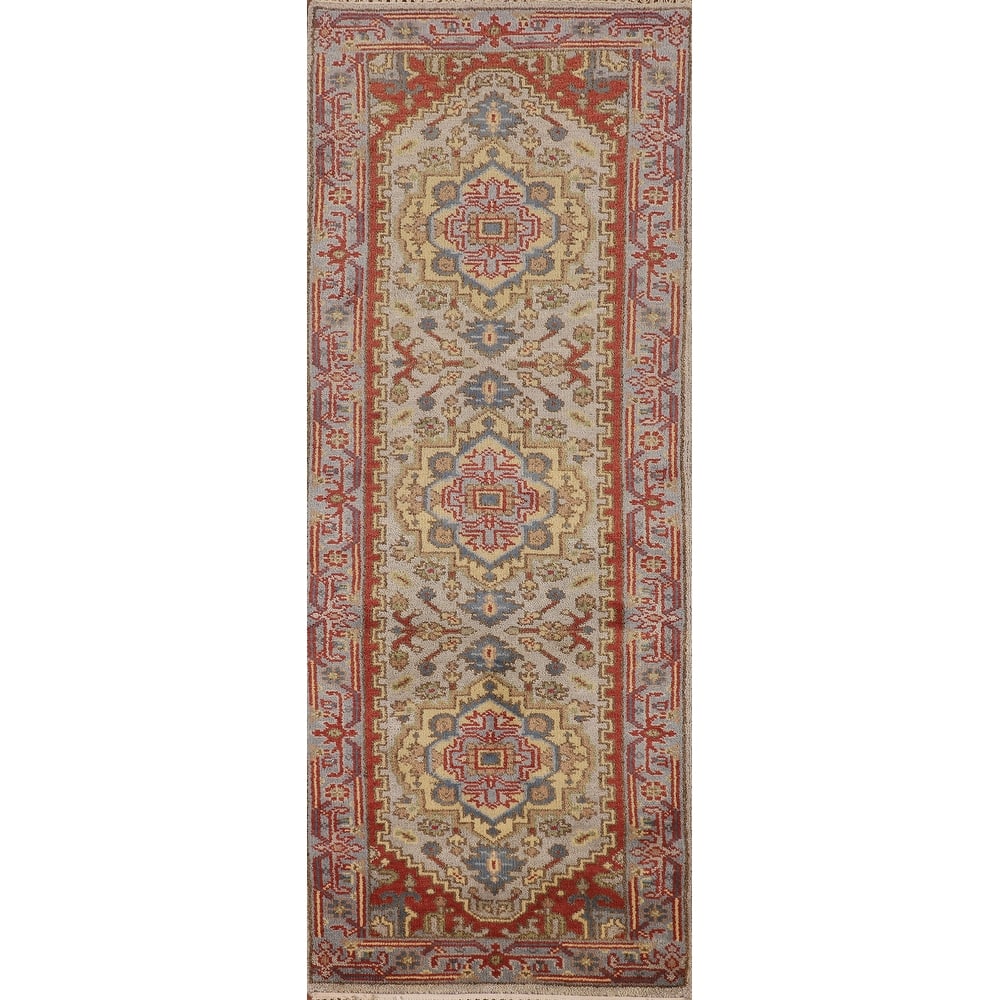 Geometric Gray Kazak Indian Runner Rug Handmade Wool Carpet - 2'6"x 7'11"