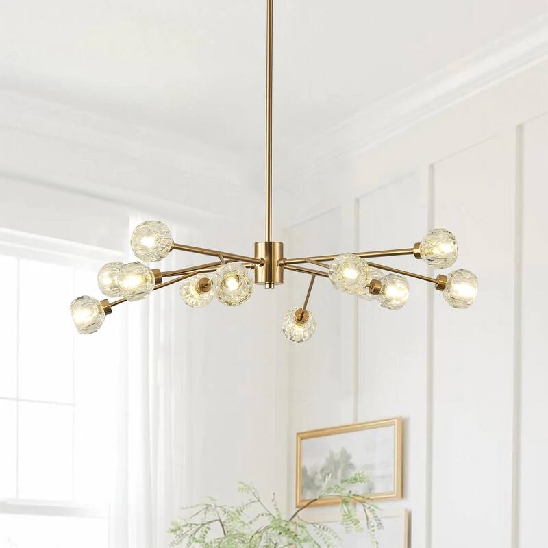 Mid-Century Modern Brass 12-Light Clear Glass Sputnik Chandelier for Dining Room