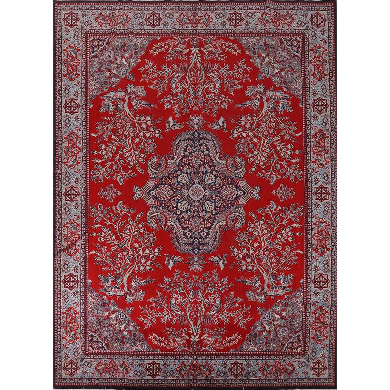 Machine Made Oriental Polyester Carpet Traditional Floral Red Kashan Area Rug - 12' 7'' X 9' 8''