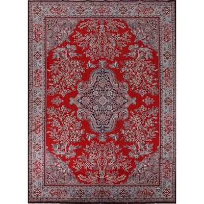 Machine Made Oriental Polyester Carpet Traditional Floral Red Kashan Area Rug - 12' 7'' X 9' 8''