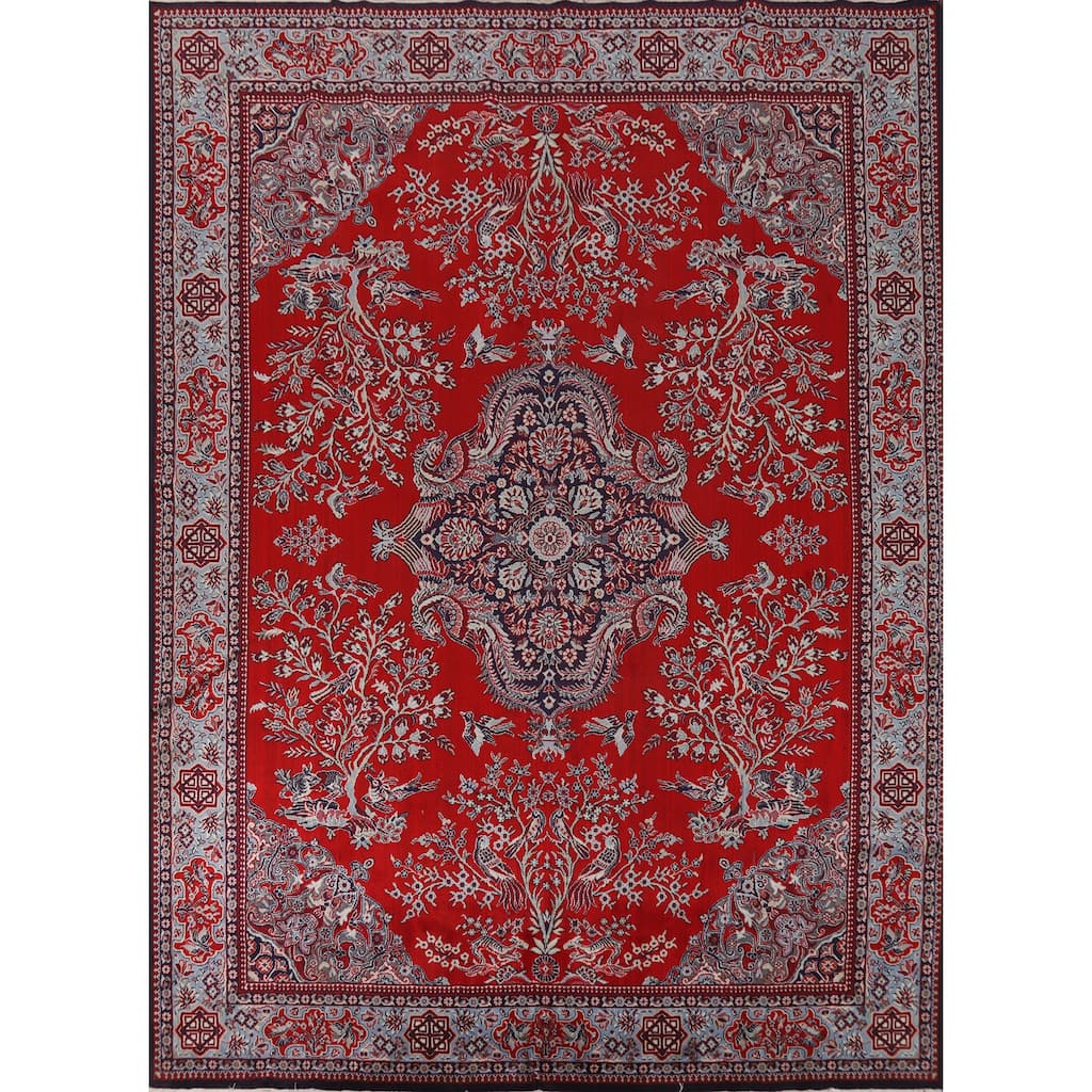 Machine Made Oriental Polyester Carpet Traditional Floral Red Kashan Area Rug - 12' 7'' X 9' 8''