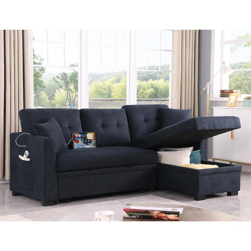 Tanse 81'5" Convertible Sleeper Sectional with Riversible Chaise with USB and Side Pockets