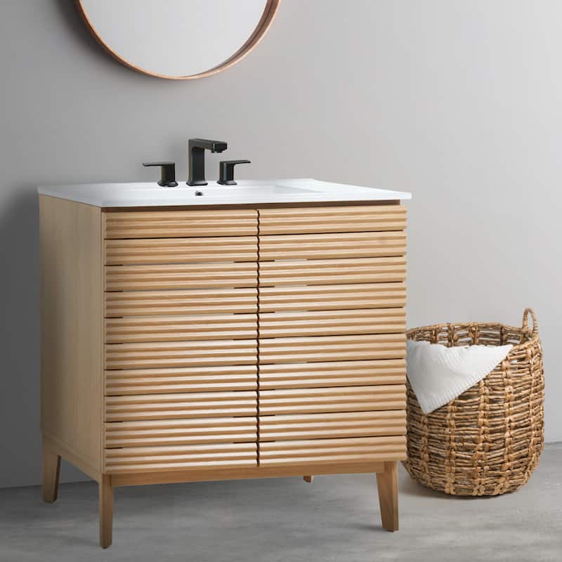 Javer Thin Linear Slat Modern Farmhouse 2-Shelf Bath Vanity Cabinet Only (Sink Basin not Included), by JONATHAN Y