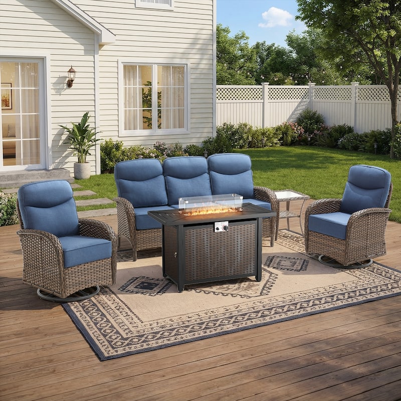 Pocassy Outdoor Sofa Swivel Chair and Ottman with 43in Fire Pit Table - Brown Wicker Blue Cushion - 5-Piece Sofa Swivel Chiar with Fire Table