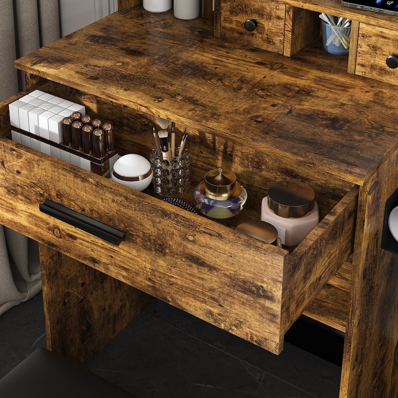 Vanity Desk with Mirror & LED Lights, Makeup Table with Power Outlet, Hairdryer Holder & Stool, Compact Dressing Table Set