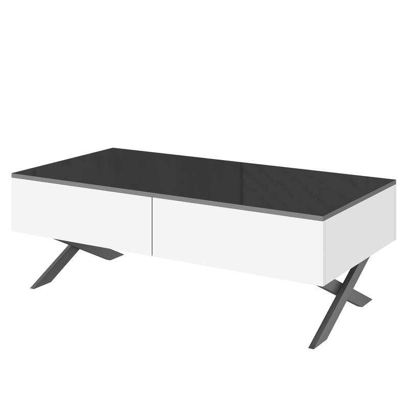 47.3" Rectangular Mirror Coffee Table for Living Room with Storage and Metal Base, 2 drawers, Black High Gloss Top