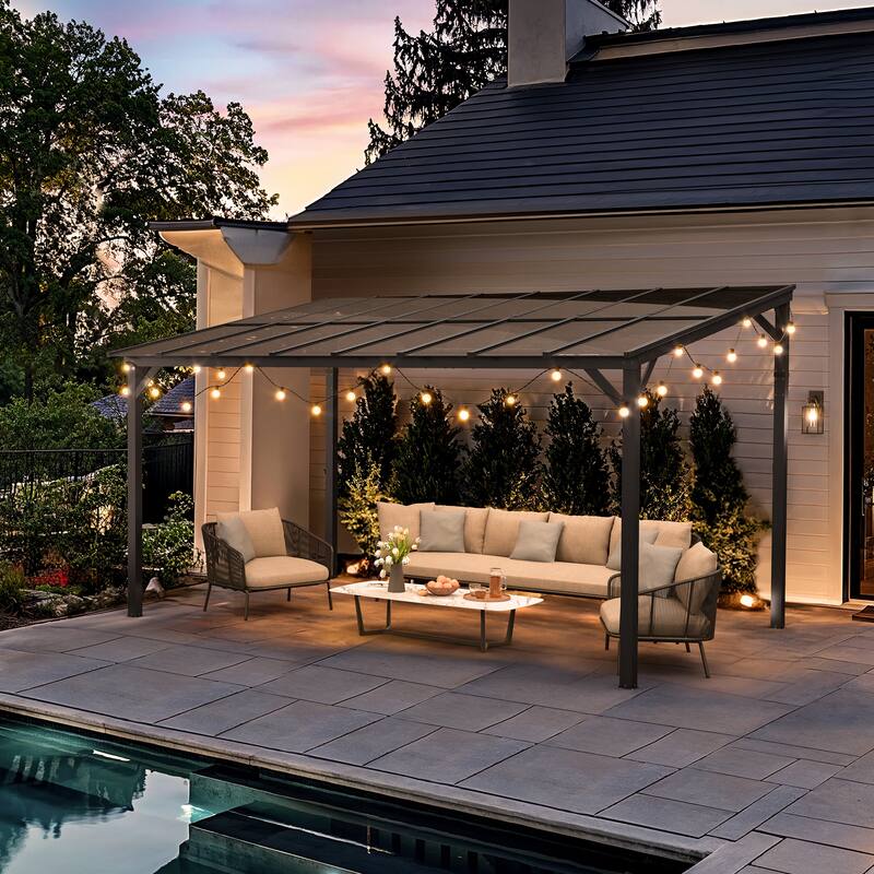 Outdoor Rectangle Wall Mounted Gazebo with Metal Frame Lean to Pergola Sunroom with Sloping Soft-Roof
