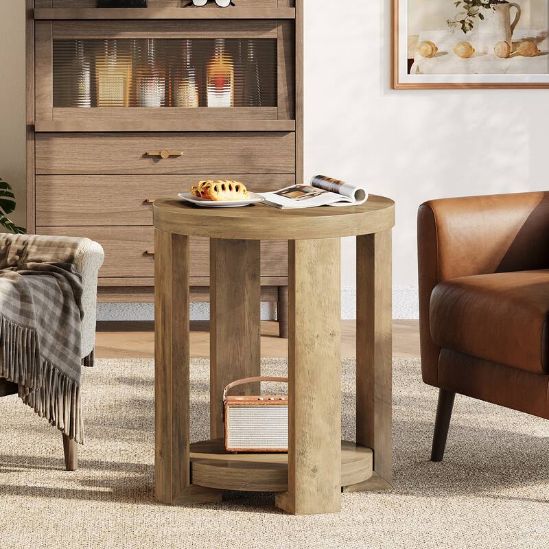 2-Tier Round End Table, Side Accent Snack Table, Living Room Bedroom Bedside Nightstand Furniture