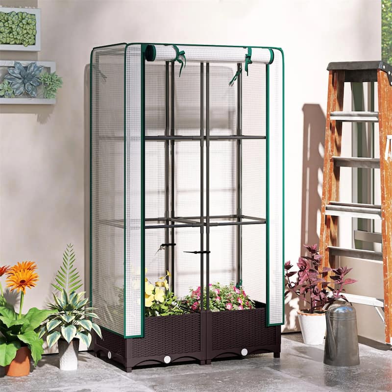 Raised Garden Bed with Plant Cage and Shade Cloth Cover and Open Bottom Planter for Vegetables