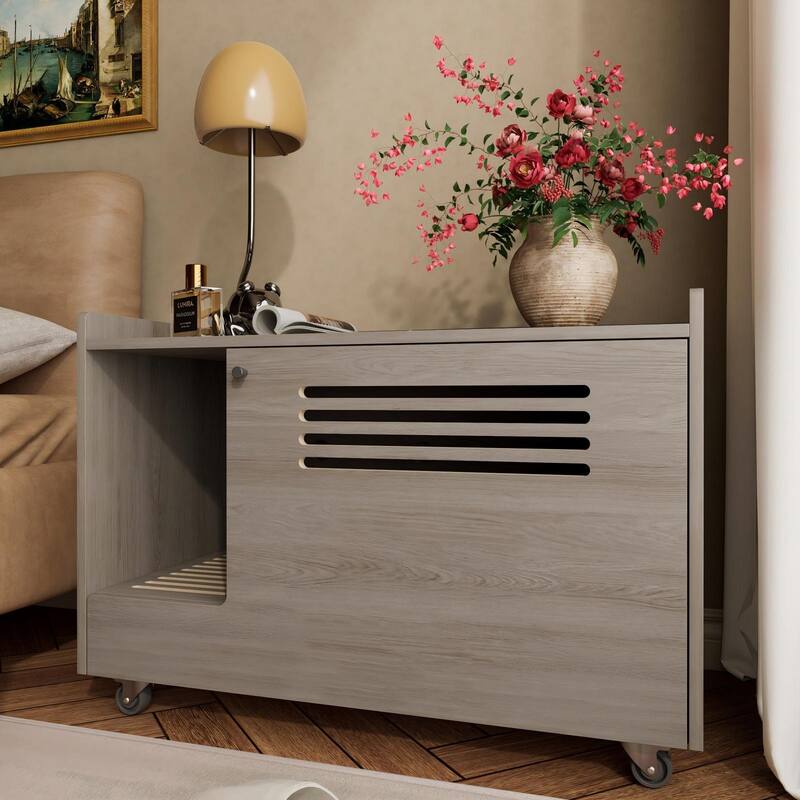 White Cat Litter Box Enclosure,Hidden Litter Box Furniture with top side fence