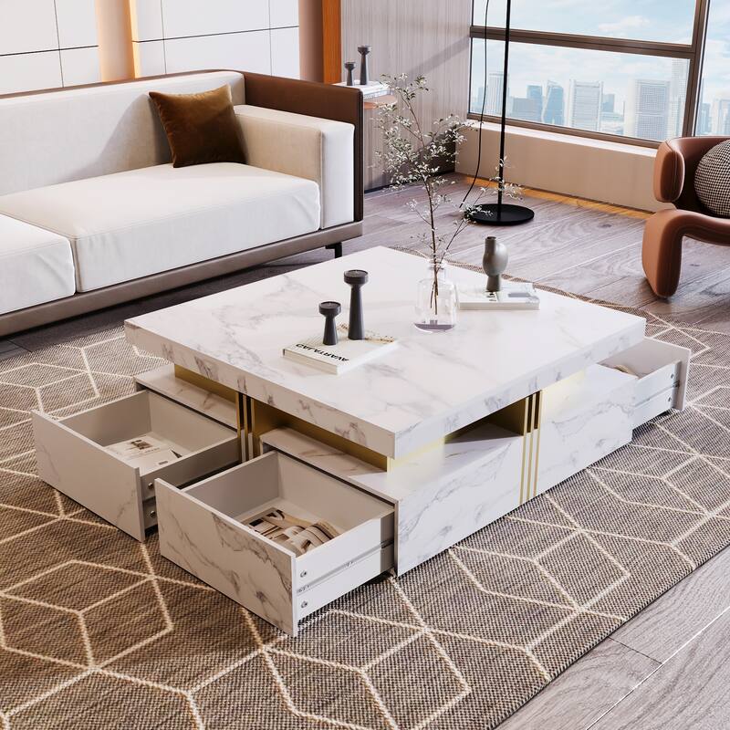 Roomfitters Modern Square Coffee Table, 4 Hidden Storage Compartments with Gold Accents, Contemporary Living Room Center Table
