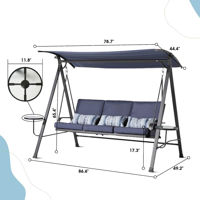 Steel 3-Seater Porch Swing with Canopy - Outdoor Patio Swing with Cushions and Rotatable Shade
