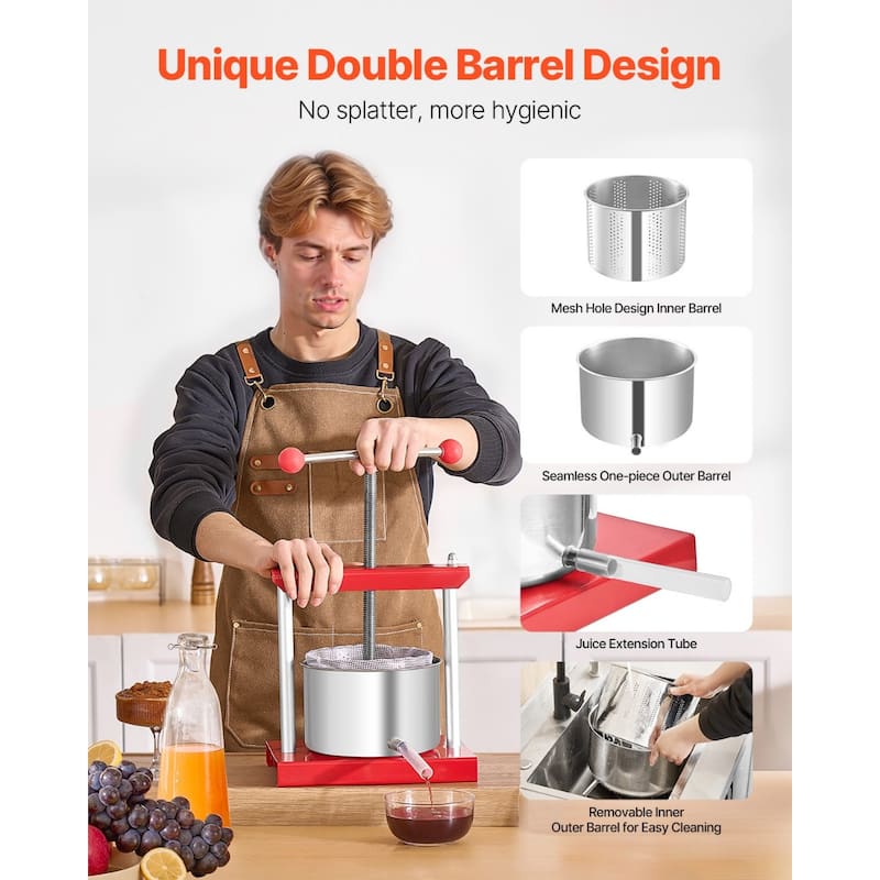 0.8-Gallon Manual Press Stainless Steel Fruit Press for Wine Making and Juice Extraction - 260x205x355 mm