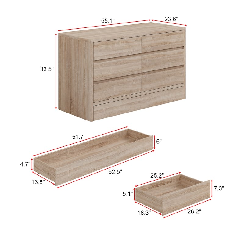 Wood Grain 7-Drawer Dresser with Hidden Compartments and Kick-to-Open Bottom Drawer