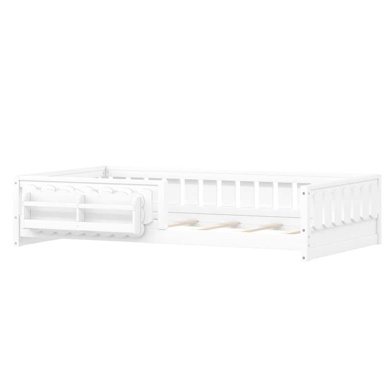 Kid Wood Platform Storage Bed Montessori Toddler Floor Bed Children Daybed with Guardrail and Side Creativity Storage Shelves
