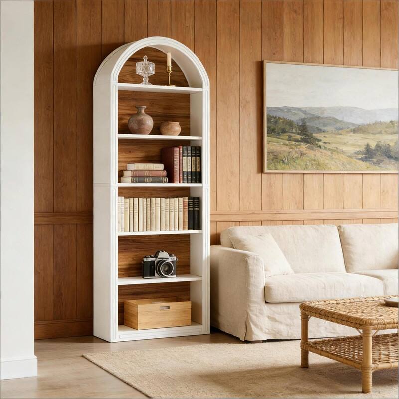 6-Tier Arched Bookshelf with Two-Tone Finish, Sturdy MDF Bookcase with Closed Back & Anti-Tip Kit - White