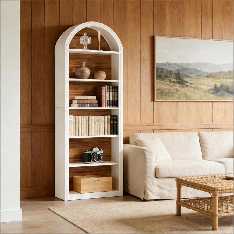 6-Tier Arched Bookshelf with Two-Tone Finish, Sturdy MDF Bookcase with Closed Back & Anti-Tip Kit