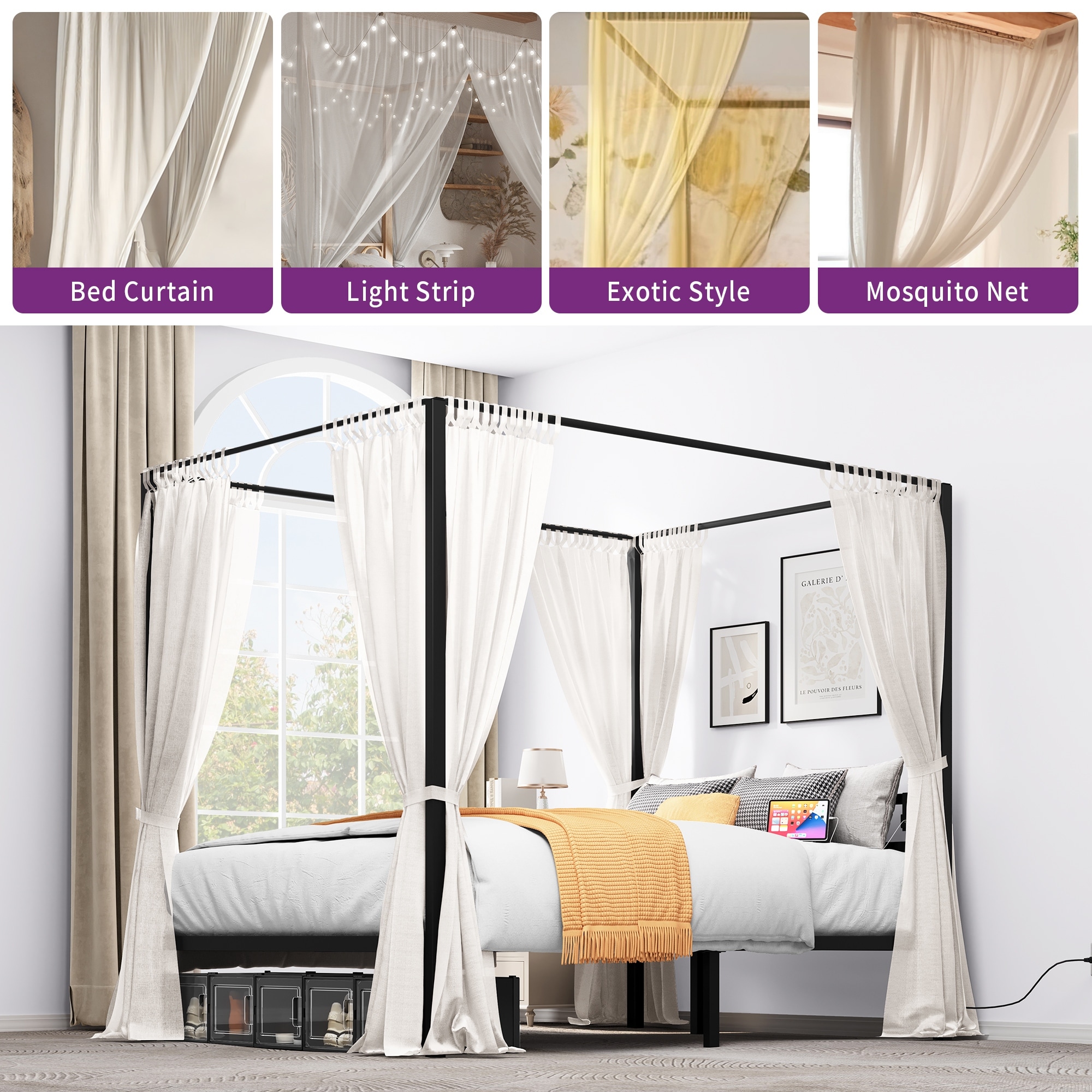 Moasis Queen Metal Canopy Platform Bed Frame with USB - Bed Bath \u0026 Beyond -  39476281, image size:2000x2000