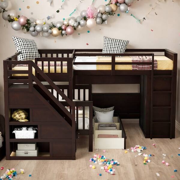 slide 2 of 12, Twin-Twin over Full L-Shaped Bunk Bed With 3 Drawers, Portable Desk and Wardrobe Espresso