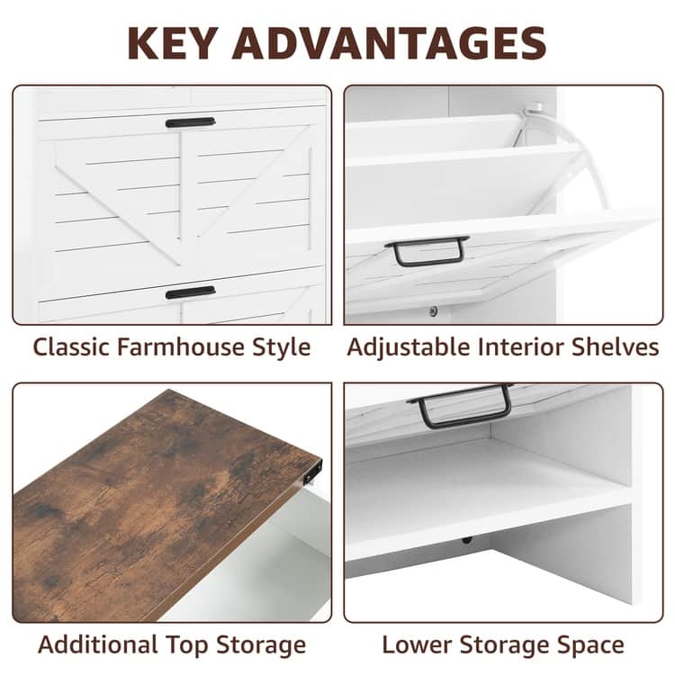 Farmhouse Shoe Cabinet with 2 Flip Drawers and 2 Storage Drawers – Slim Entryway Shoe Storage Cabinet, Narrow Shoe Organizer
