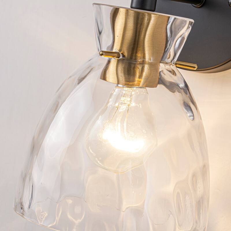 1-Light/3-Light Matte Black and Antique Brass Bathroom Vanity Light with Water-Rippled Glass Shade