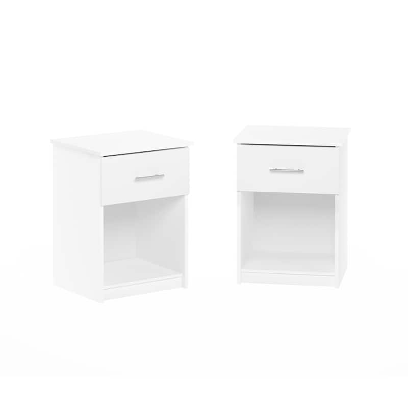 White Nightstand Set of 2 - Modern Bedside Table with Drawer - Easy Assembly