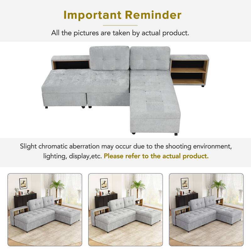 121.2" Versatile Modular Sofa Bed with 2 Storage Racks, Gray, Chenille Upholstered