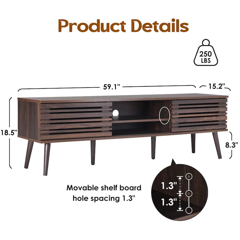 Mid Century Modern TV Stands for up to 70" TV with Storage, Fluted Wood TV Stand for Living Room, Boho Media Console