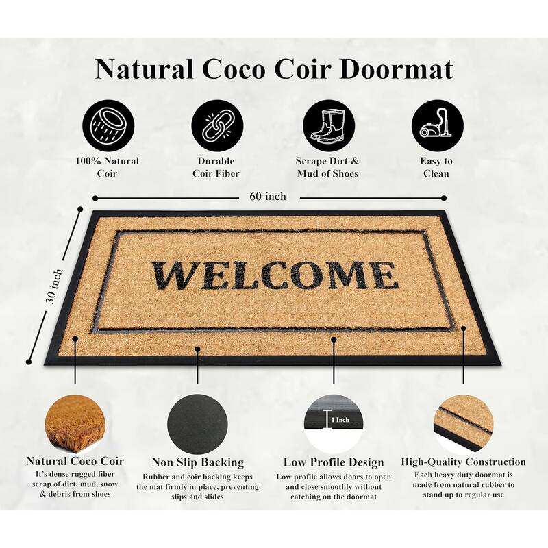 A1HC Natural Coir & Rubber Extra Large Doormat, Heavy Duty, Front Doormat - 30"X60"